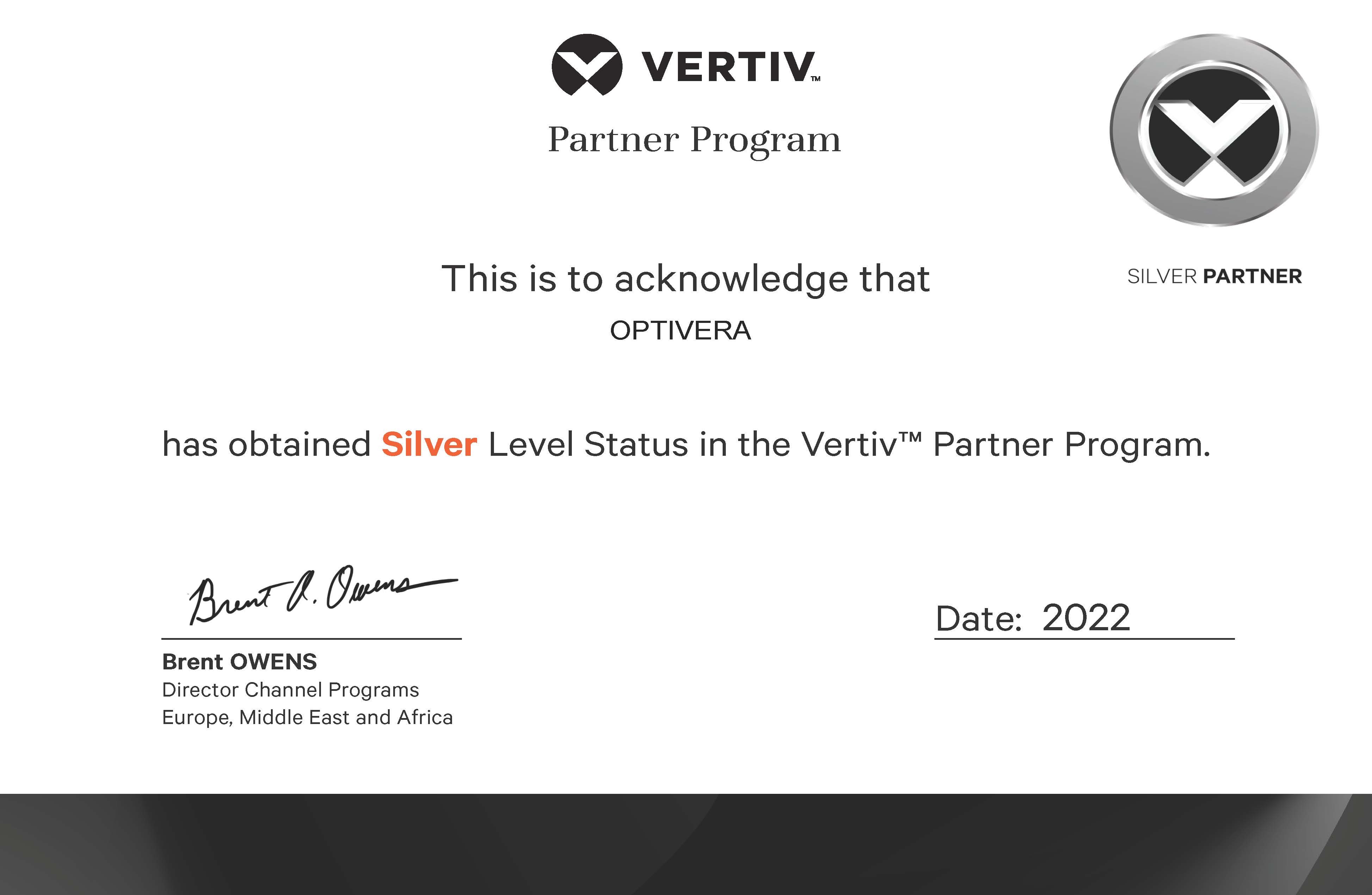 Компания Оптивера продлила партнерский статус (Silver) по производителю Vertiv